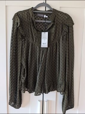 Mint Velvet Olive Green Dotted Ruffle Blouse